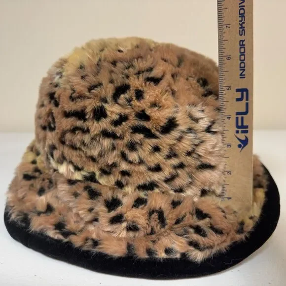 Vintage Liz Claiborne Bucket Hat Womens Leopard Faux Fur Animal Print Plush Soft
